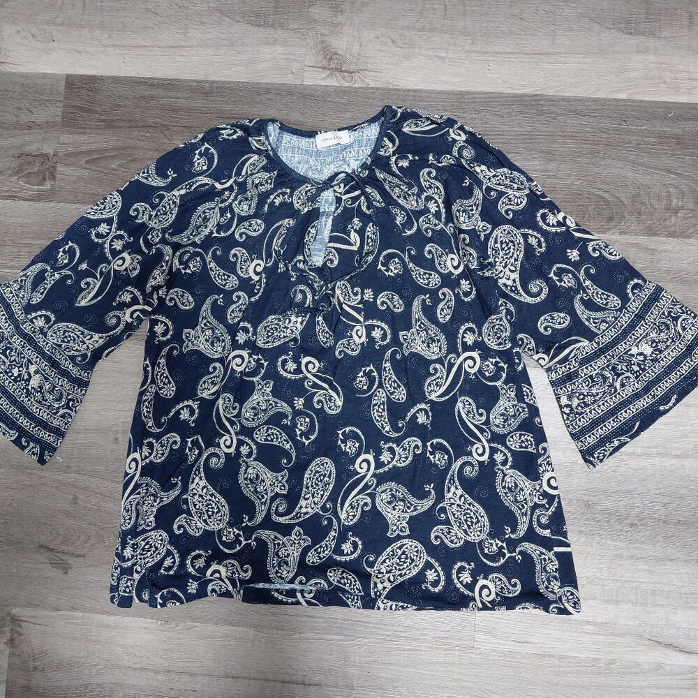 Navy Blue Paisley Blouse with Bell Sleeves and Skirt Like Hem